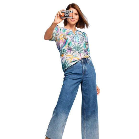 Talbots Birds And Palms Popover Blouse Tropical Vacation Sustainable Size L - Picture 4 of 9